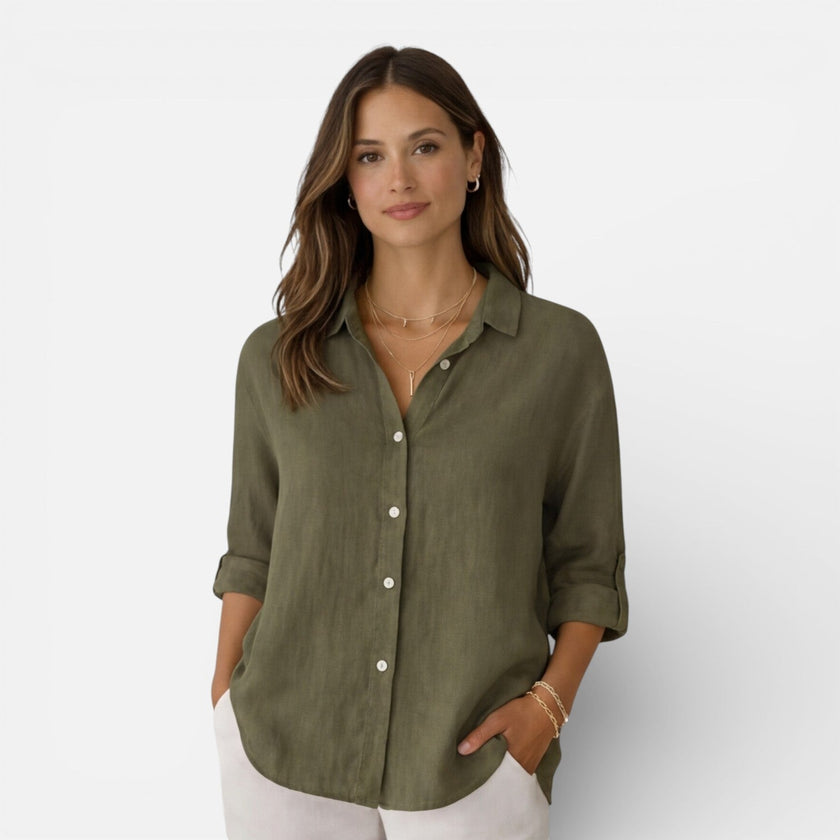 FJØRNA women's linen cotton blend shirt with relaxed fit, breathable summer shirt in natural linen and cotton fabric.
