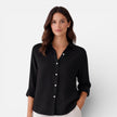 FJØRNA women's linen cotton blend shirt featuring a relaxed fit and breathable summer style, shown in a natural fabric and casual design.
