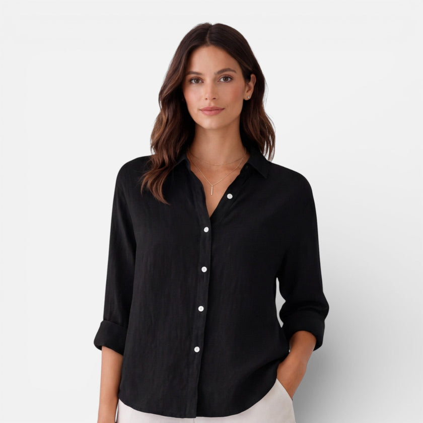 FJØRNA women's linen cotton blend shirt featuring a relaxed fit and breathable summer style, shown in a natural fabric and casual design.