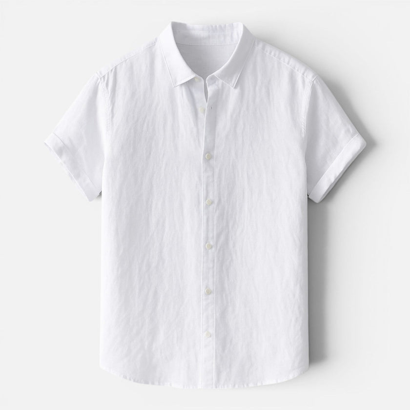 Men's FJØRNA linen cotton-blend short sleeve button-up shirt, breathable and lightweight for comfortable wear.