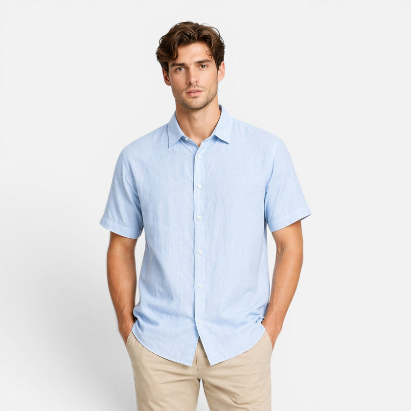 Men's FJØRNA linen shirt with short sleeves, breathable cotton blend fabric, featuring a button-up style for comfortable wear.
