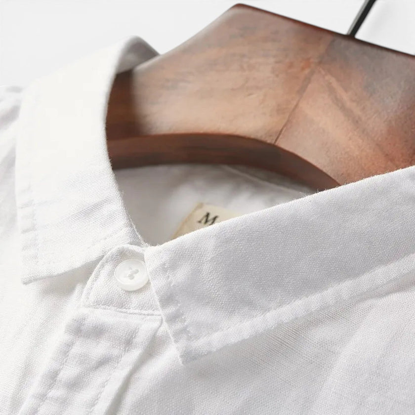 Men's FJØRNA linen and cotton-blend short sleeve button-up shirt, breathable and comfortable for warm weather.