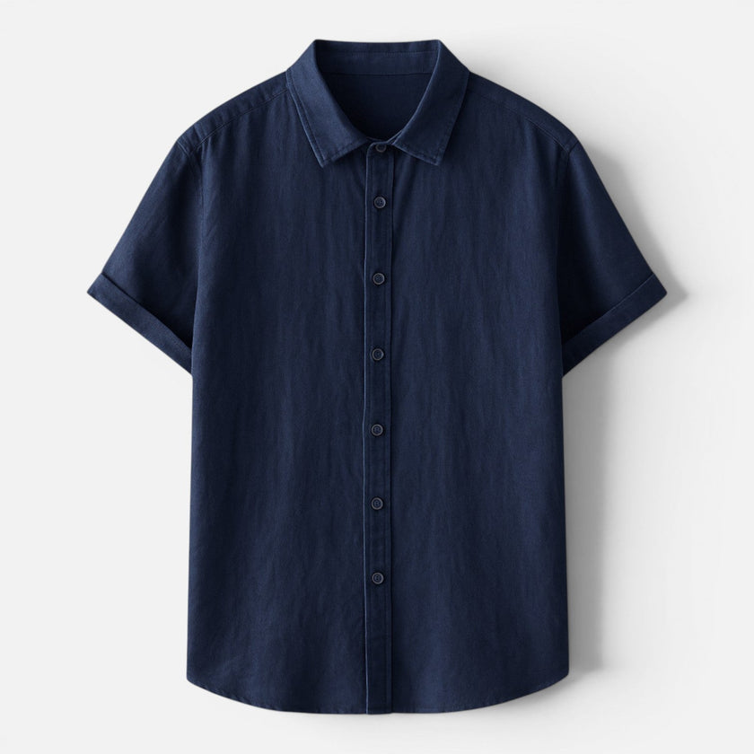 Men's linen shirt by FJØRNA, breathable cotton blend short sleeve button-up shirt for men, casual summer clothing.