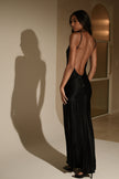 FJØRNA Studio | Black Satin Cut-Out Halter Gown with Open Back
