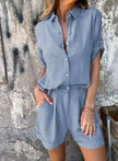 FJØRNA Jamie™ lightweight shorts and top suit set, casual summer clothing, shown in natural fabric and relaxed fit.