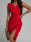 FJØRNA Amelie white evening dress with side slit and deep V-back neckline, elegant and stylish for special occasions