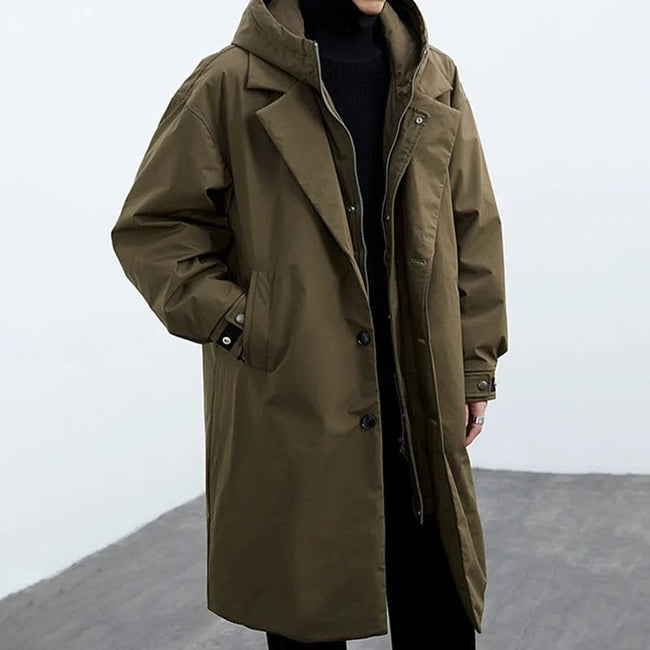 Men's Long Waterproof Puffer Trench Coat with Hood – Insulated Cold Weather Protection for Winter 1