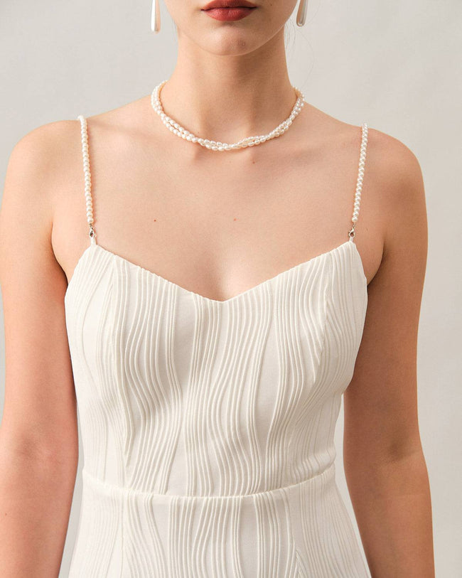 FJØRNA red midi dress for women with pearl straps and textured wave design, elegant and stylish for special occasions