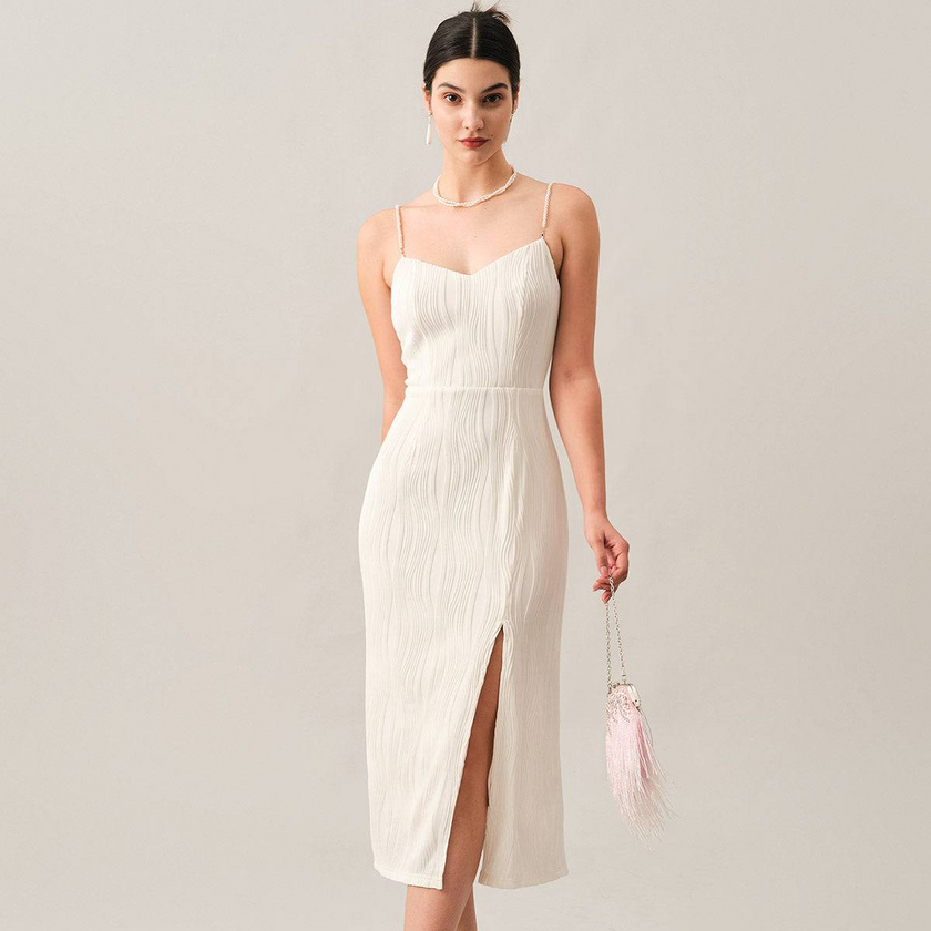 Red FJØRNA midi dress for women with pearl straps and textured fabric, featuring a stylish and elegant design.