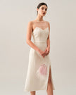 Red FJØRNA midi dress for women with pearl straps and textured fabric, stylish and elegant for occasions.