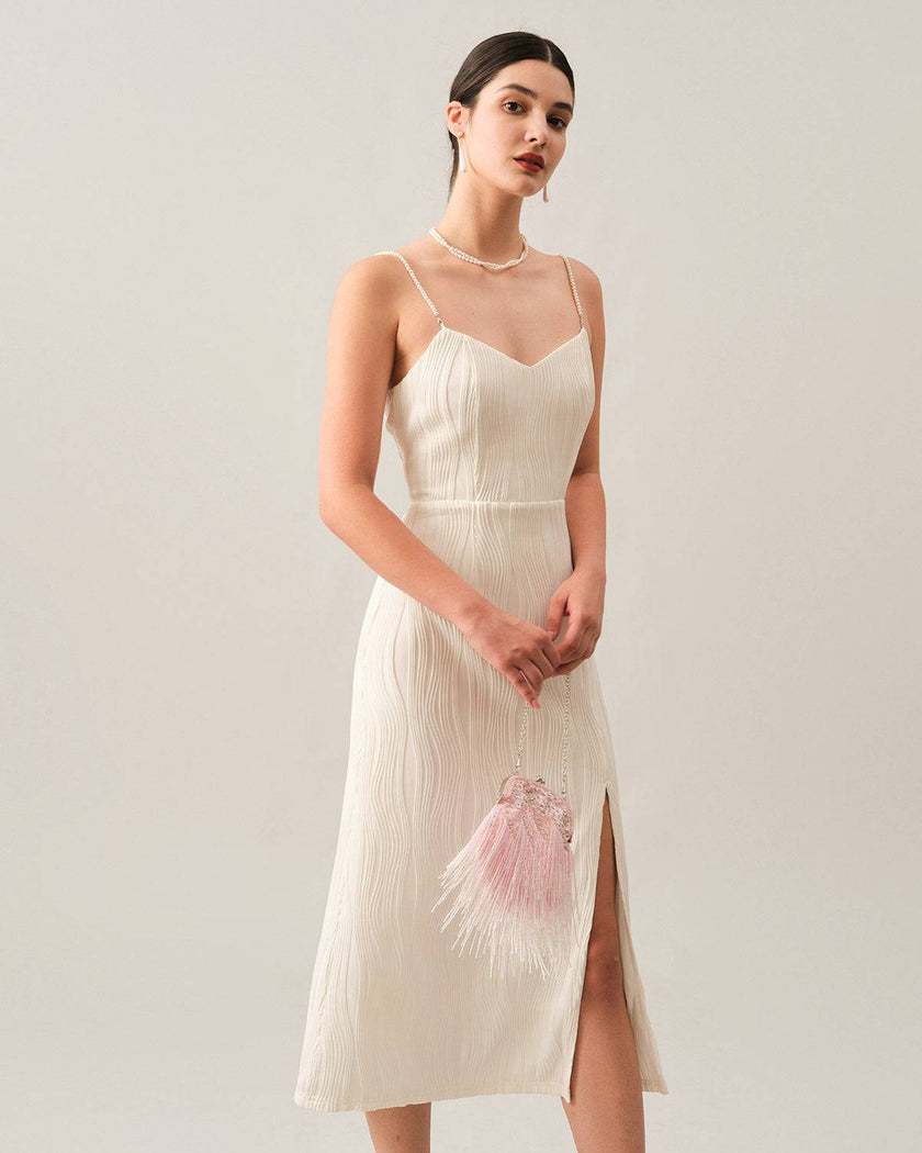 Red midi dress for women by FJØRNA featuring textured fabric and pearl strap details.