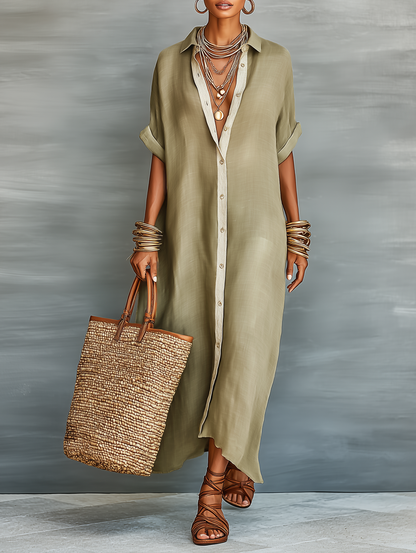 Full body shot of a woman wearing a stylish linen maxi dress by FJØRNA, showcasing its relaxed fit and natural fabric.