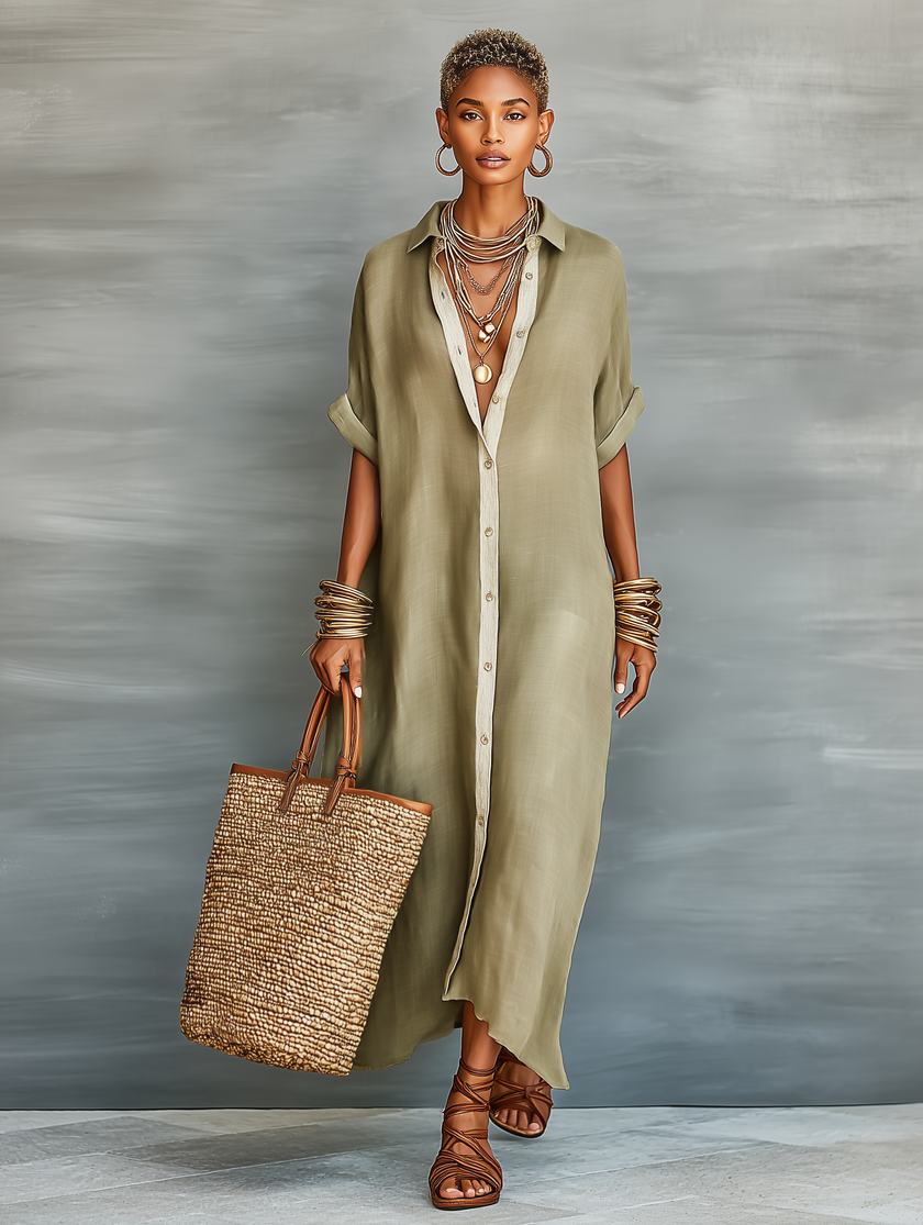 Full-body image of a woman wearing a stylish FJØRNA linen maxi dress, showcasing its relaxed fit and lightweight fabric.