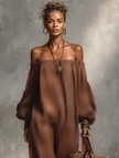 FJØRNA linen blend strapless jumpsuit for women with long sleeves and wide-leg pants, modeled walking on a runway.