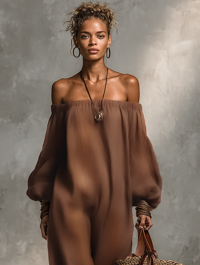 FJØRNA linen blend strapless jumpsuit for women with long sleeves and wide-leg pants, modeled walking on a runway.