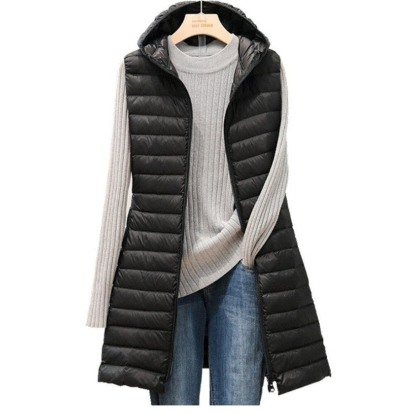 Amalie – Long Hooded Puffer Vest for Women in Modern Fit