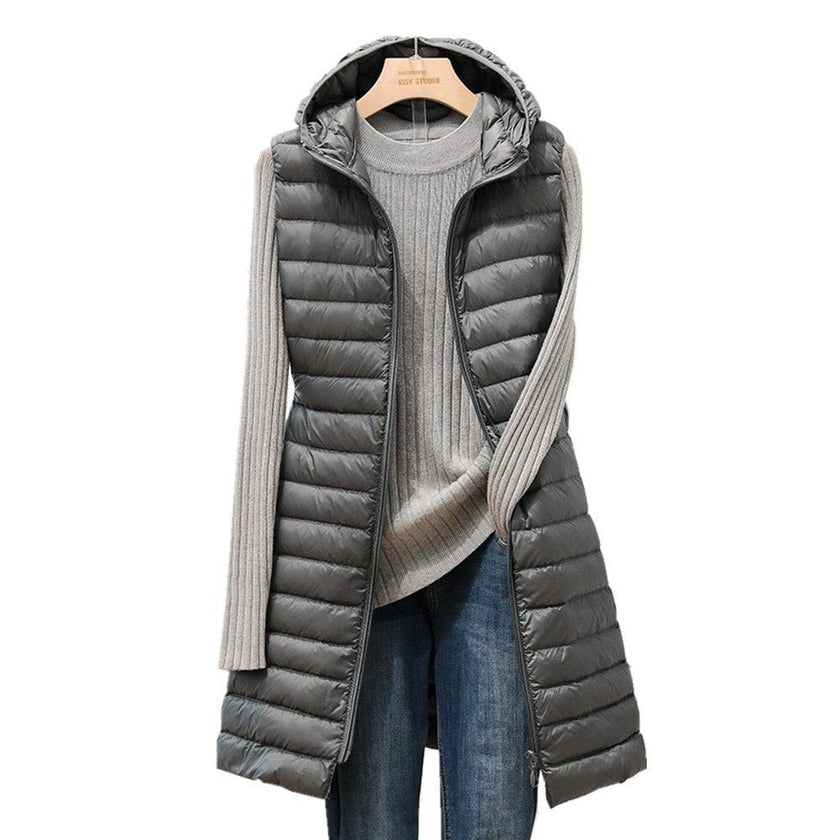 Amalie – Long Hooded Puffer Vest for Women in Modern Fit