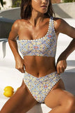 Women's one-shoulder printed bikini by FJØRNA featuring colorful beach-ready swimwear for summer fun.