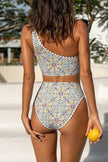 Women's FJØRNA one-shoulder printed bikini for beach, featuring a stylish swimsuit with vibrant pattern and summer-ready design.