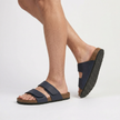 FJØRNA men's double strap open toe slides showing black leather straps and cushioned footbed for comfortable wear
