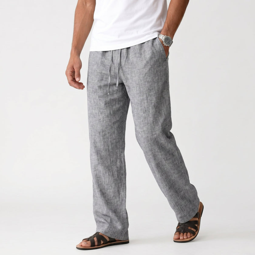 Men's breathable linen trousers by FJØRNA, showcasing lightweight, comfortable design perfect for casual wear.