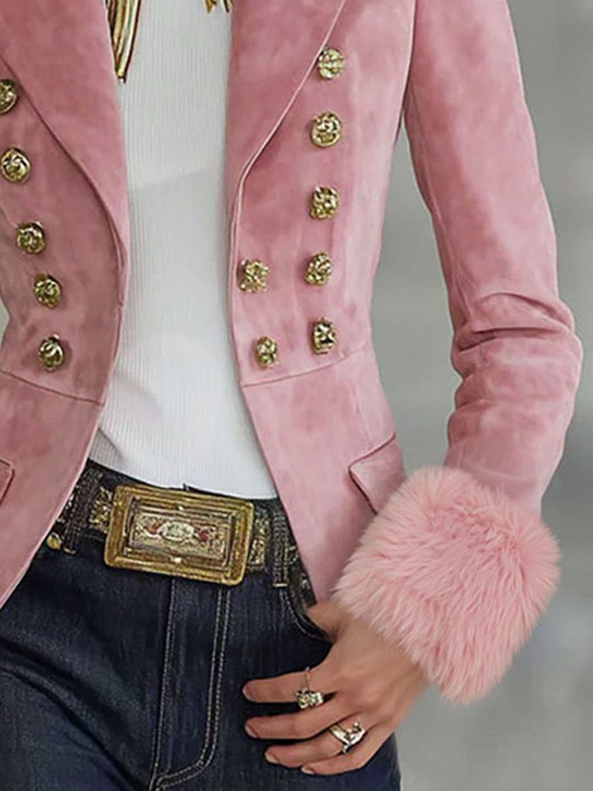 Pink faux suede and fur blazer with multi-button lapel from FJØRNA, stylish jackets and blazers for women.