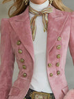 Pink FJØRNA faux suede and fur blazer with multi-button lapel, stylish jacket featuring soft texture and tailored fit.