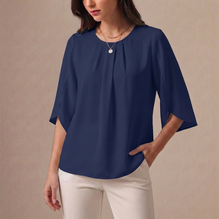 Navy blue pleated summer blouse for women by FJØRNA, casual top with a relaxed fit and soft fabric.