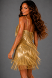 FJØRNA women's sequin fringe mini dress with sparkling sequins and stylish fringe detail, perfect for party or evening wear.