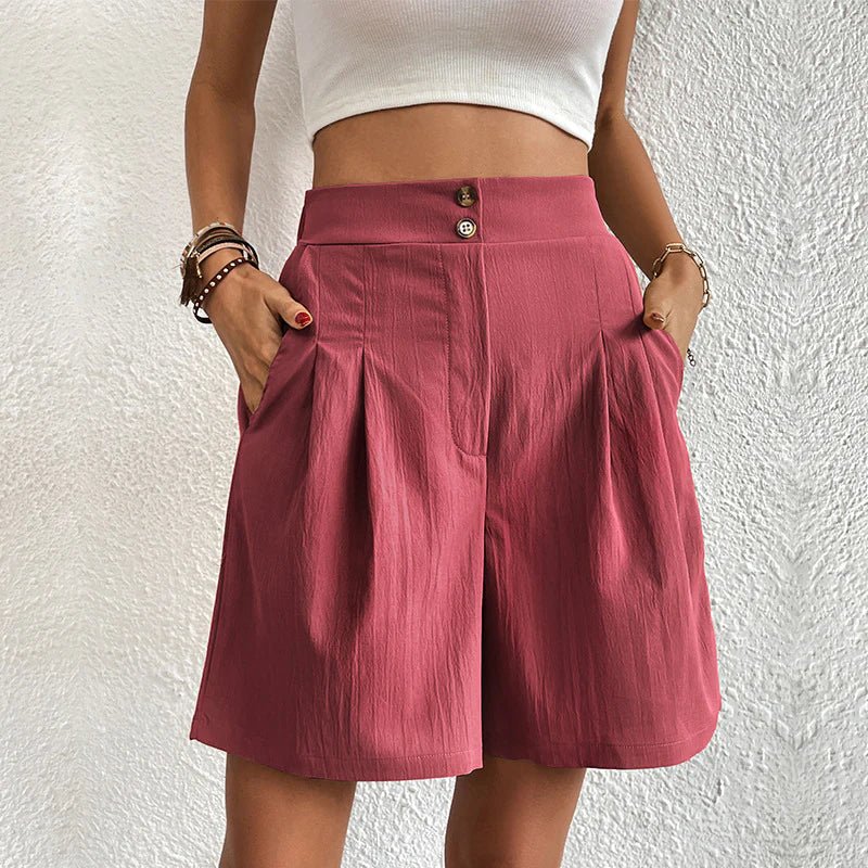 FJØRNA high waist wide leg pleated summer shorts for women, lightweight and stylish with a relaxed fit.