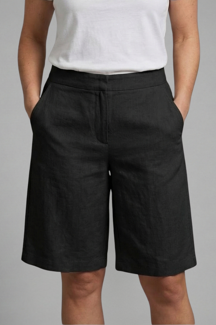 FJØRNA women's high waist knee-length summer shorts with drawstring and pockets, lightweight and comfortable for warm weather.