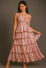 FJØRNA floral halter tiered ruffle maxi dress in old rose with waist detail and floral print, flowing and elegant for summer wear.