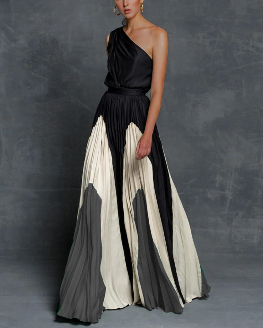 FJØRNA casual one-shoulder black and gray dress, perfect for vacation or beach days, stylish and comfortable summer dress