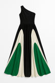 FJØRNA Vacation & Beach Days casual one-shoulder wedding dress in black and green, laid flat showing elegant design and fabric details.