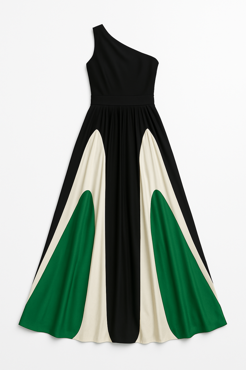 FJØRNA Vacation & Beach Days casual one-shoulder wedding dress in black and green, laid flat showing elegant design and fabric details.