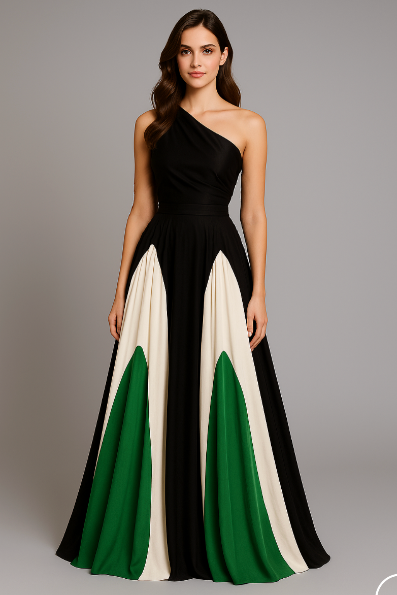 FJØRNA Vacation & Beach Days casual one-shoulder wedding dress in black and green, stylish and perfect for beach or vacation events.