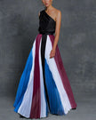 FJØRNA black striped one-shoulder casual wedding dress perfect for beach and vacation days.