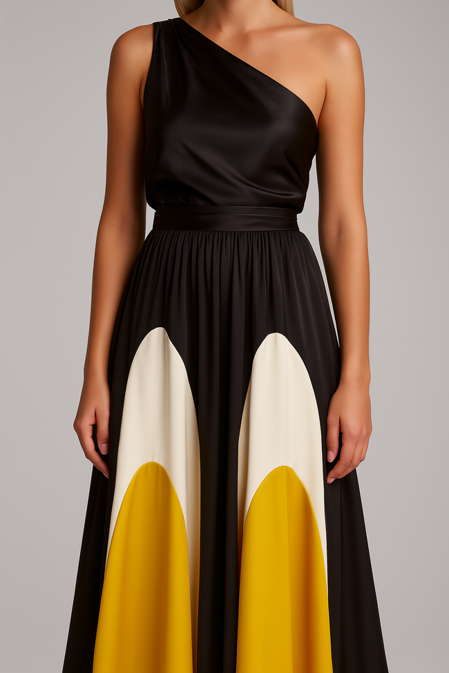 FJØRNA Vacation & Beach Days casual one-shoulder wedding dress in black and yellow, perfect for summer beach events.