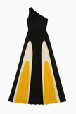 FJØRNA Vacation & Beach Days casual one-shoulder wedding dress in black and yellow, laid flat for display.