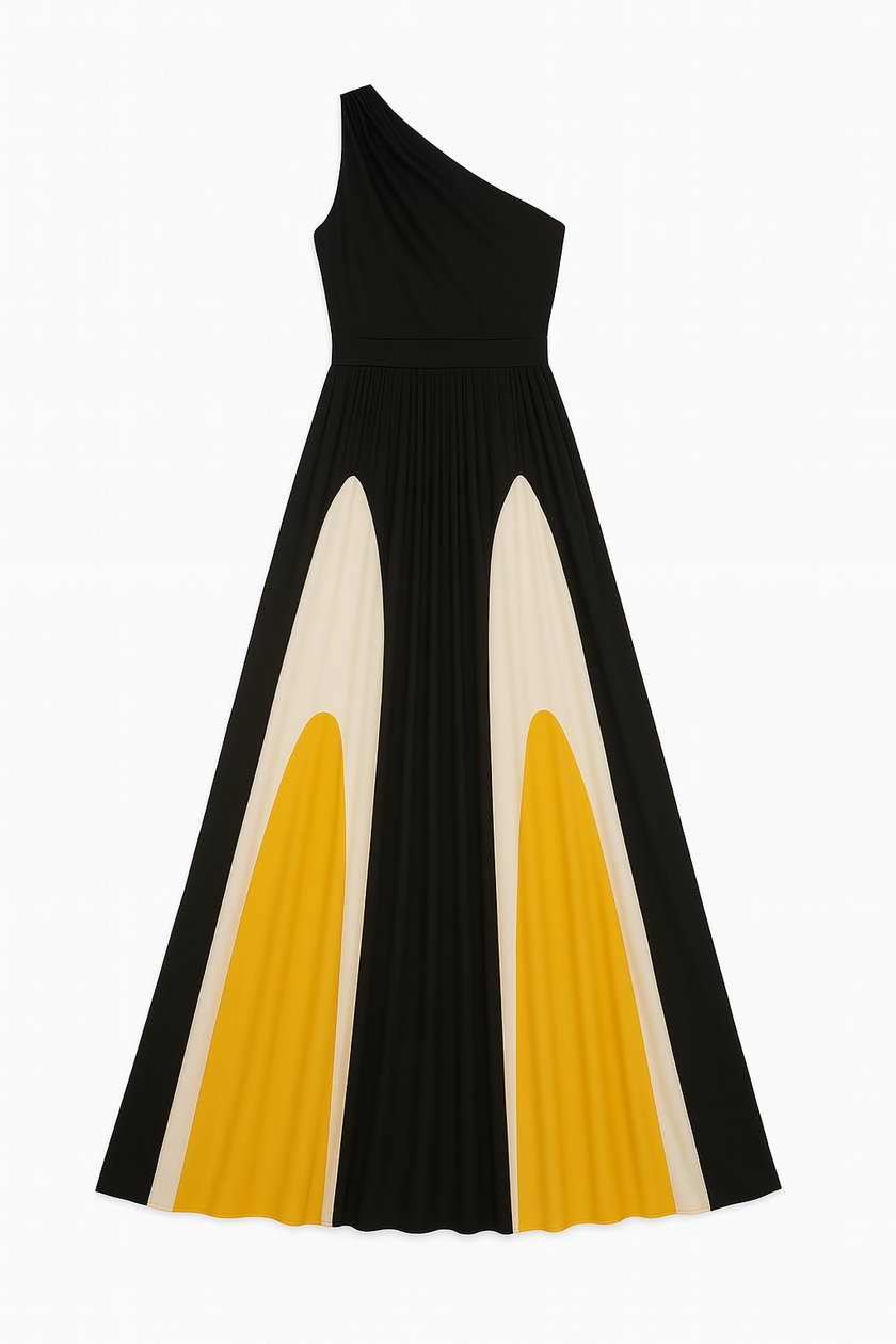 FJØRNA Vacation & Beach Days casual one-shoulder wedding dress in black and yellow, laid flat for display.