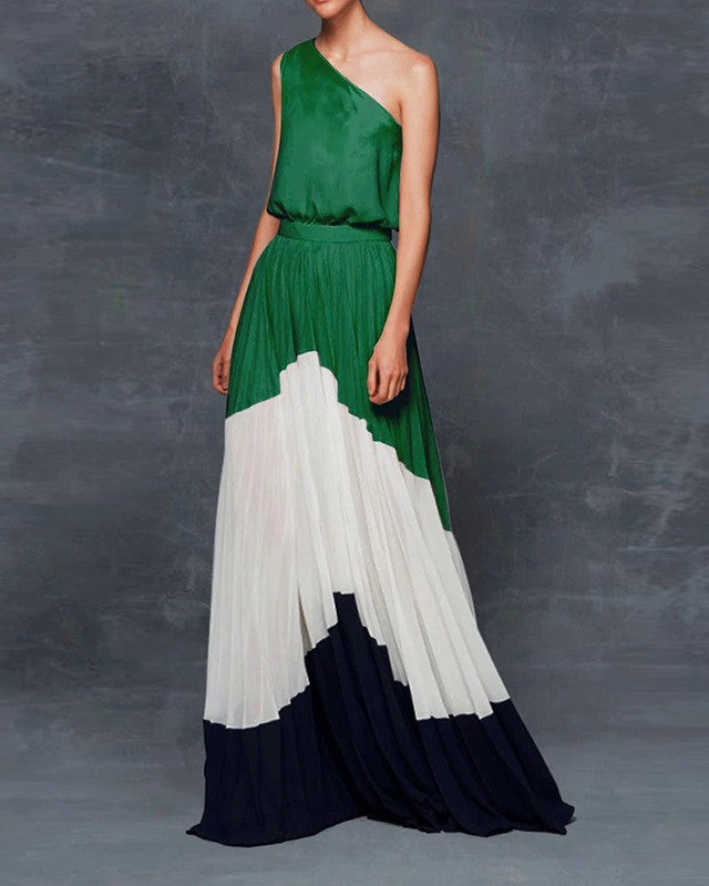 FJØRNA green one-shoulder casual wedding dress perfect for beach and vacation days, featuring lightweight fabric and elegant style.