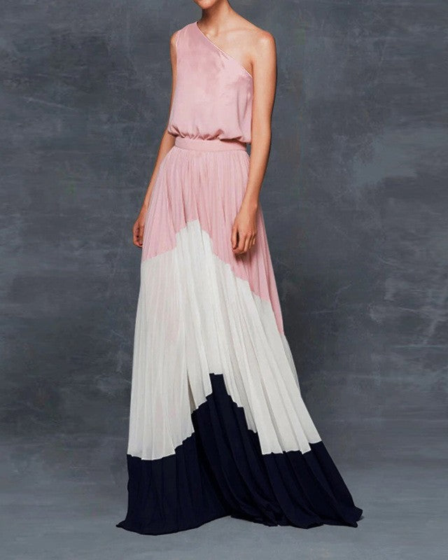 Pink one-shoulder casual wedding dress by FJØRNA, perfect for beach and vacation days, featuring elegant, flowing fabric.