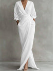 FJØRNA white v-neck wrap waist long sleeve maxi dress, elegant full-length dress with a fitted waist and flowing skirt.