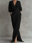 FJØRNA white V-neck wrap waist long sleeve maxi dress, flowing silhouette, elegant design, perfect for formal or casual wear.