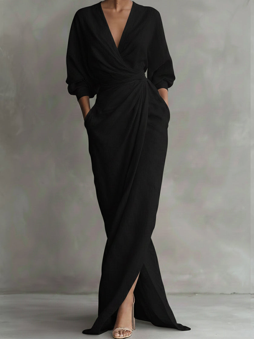 FJØRNA white V-neck wrap waist long sleeve maxi dress, flowing silhouette, elegant design, perfect for formal or casual wear.