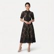 Elegant women's lace midi dress by FJØRNA featuring a high neck and refined cutwork detail, showcasing a sophisticated silhouette.