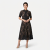 Elegant women's lace midi dress by FJØRNA featuring a high neck and refined cutwork detail, showcasing a sophisticated silhouette.