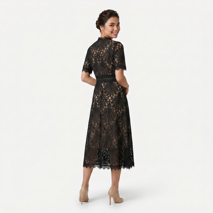 FJØRNA women's elegant lace midi dress with high neckline and refined cutwork detail, showcasing a sophisticated silhouette.