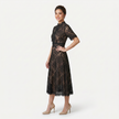 Women's elegant lace midi dress by FJØRNA featuring a high neck, refined cutwork detail, and a sleek silhouette.