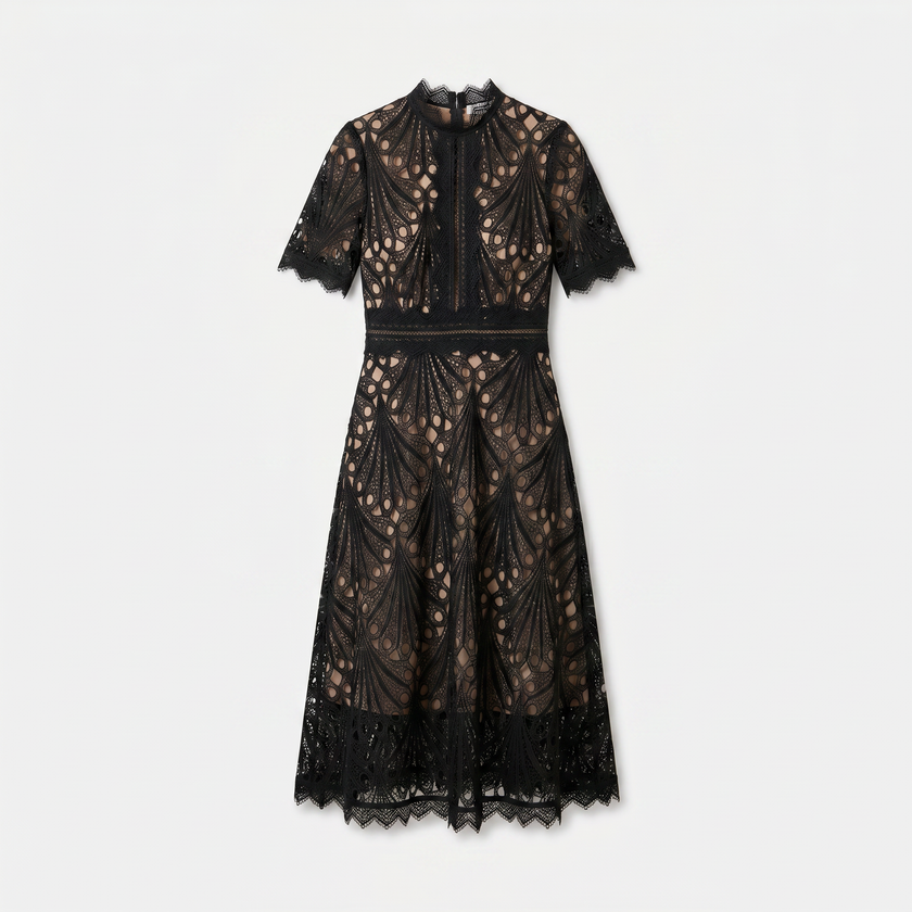 Women's elegant lace midi dress by FJØRNA featuring a high neck, refined cutwork detail, and a sophisticated silhouette.